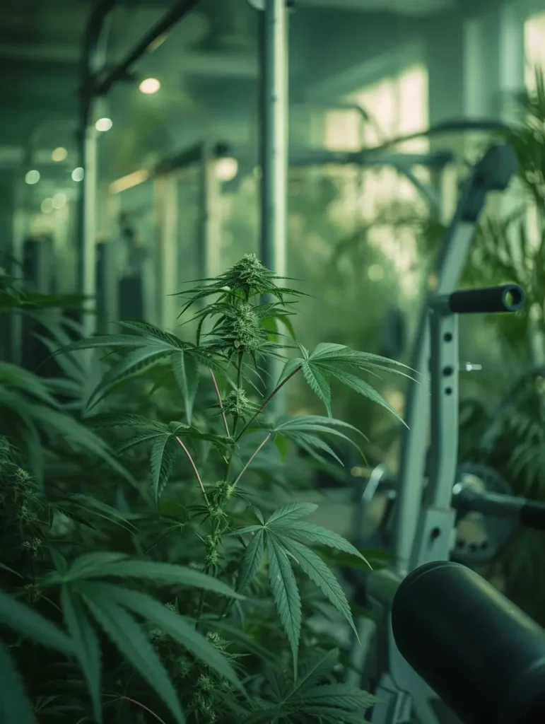 cannabis leaves amidst-gym equipmenth