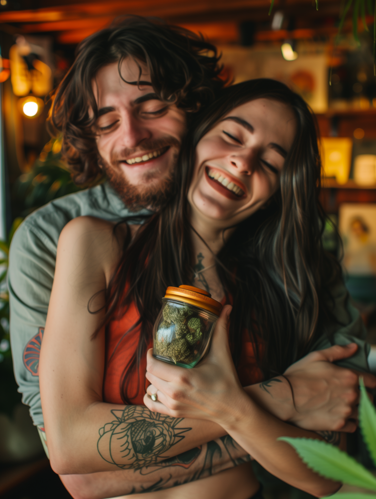 couple holding hands with cannabis